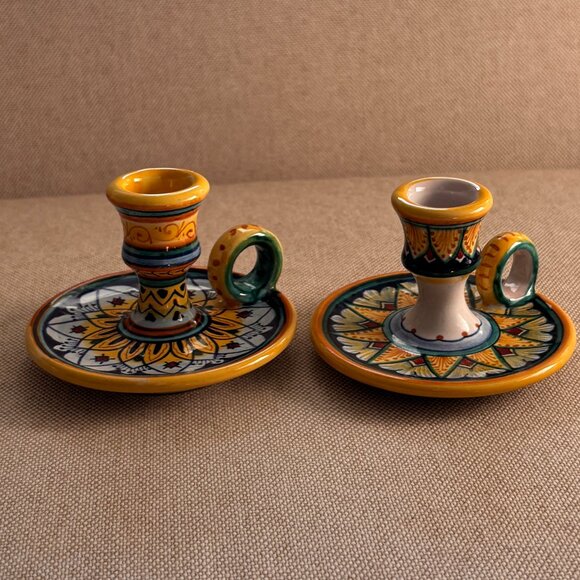 Hand Painted Ceramic Candlesticks Chamberstick Deruta Italy Set of 2 Yellow Blue - Picture 1 of 6